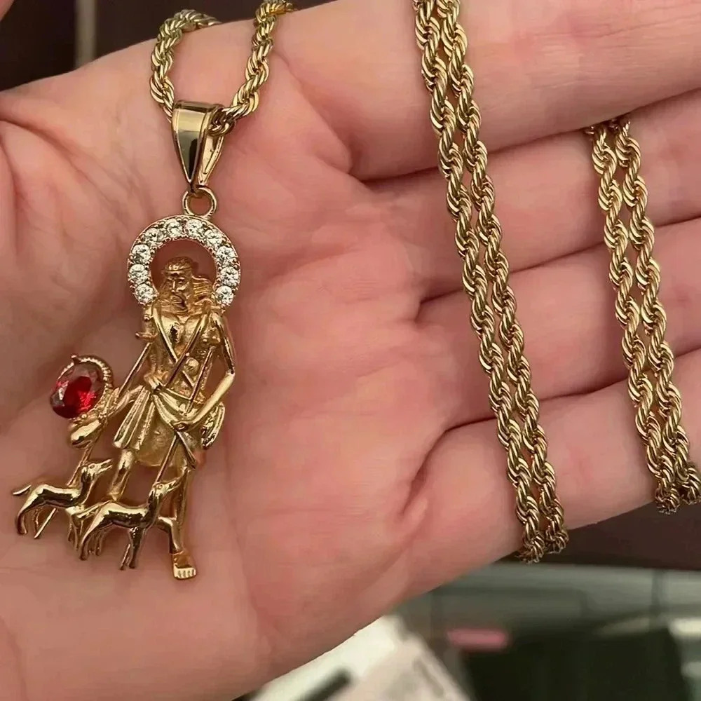 Gold Bonded Saint Lazarus Pendant with 14k Gold filled Rope Chain - Picture 5 of 5